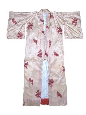 Authentic Vintage Handmade Japanese Kimono Needlepoint Print Red Cream Ombre
